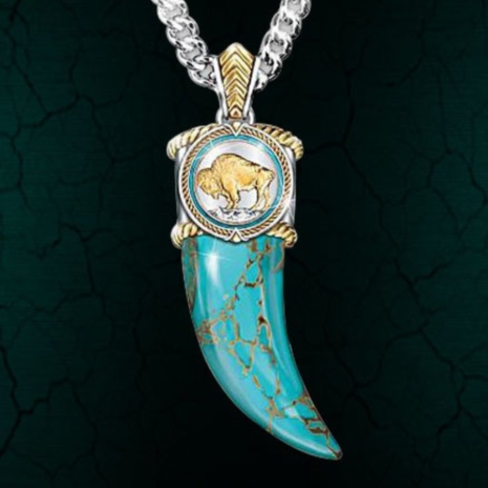 Buffalo Faux Turquoise Necklace Silver Tone Chain